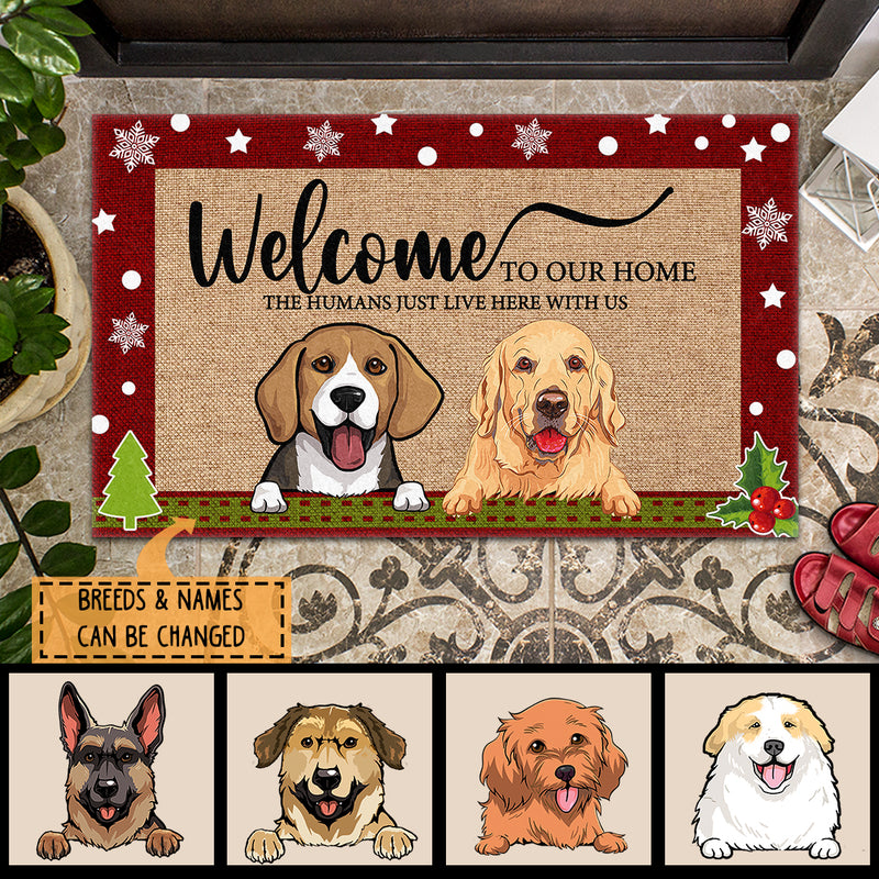 Christmas Welcome To Our Home Personalized Doormat, Gifts For Dog Lovers, Snowflake & Star Front Door Mat