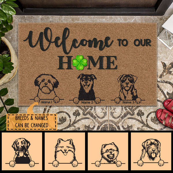 Pawzity Welcome To Our Home Custom Doormat, Gifts For Dog Lovers, Lucky Four-Leaf Front Door Mat