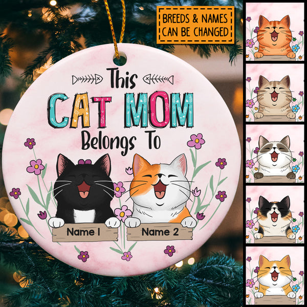 This Cat Mom Belongs To Purple Flowers Circle Ceramic Ornament - Personalized Cat Lovers Decorative Christmas Ornament