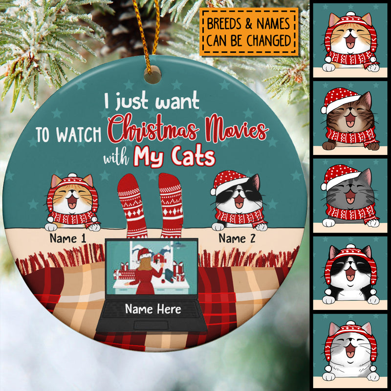 To Watch Xmas Movies With My Cats Green Circle Ceramic Ornament - Personalized Cat Lovers Decorative Christmas Ornament