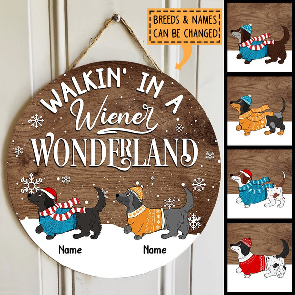 Christmas Door Decorations, Gifts For Dog Lovers, Walkin' In A Wiener Wonderland Dachshund In Snow Dark Pale Wooden Door Sign , Dog Mom Gifts
