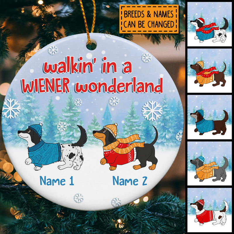 Walkin' In A Wiener Wonderland Blue Circle Ceramic Ornament - Personalized Dog Lovers Decorative Christmas Ornament