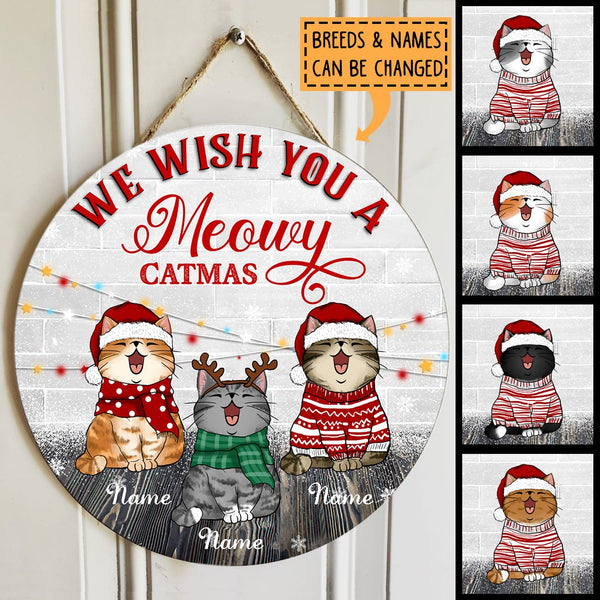 Christmas Door Decorations, Gifts For Dog Lovers, We Wish You A Meowy Catmas White Brick Wall Welcome Door Signs