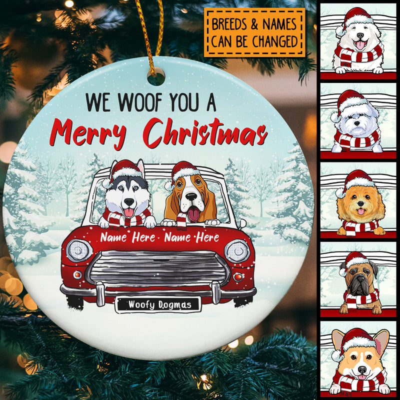 We Woof You A Merry Xmas Red Truck Circle Ceramic Ornament - Personalized Dog Lovers Decorative Christmas Ornament