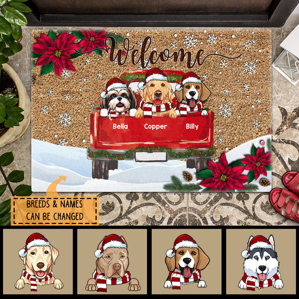 Christmas Personalized Doormat, Gifts For Dog Lovers, Welcome Red Poinsettia Holiday Doormat