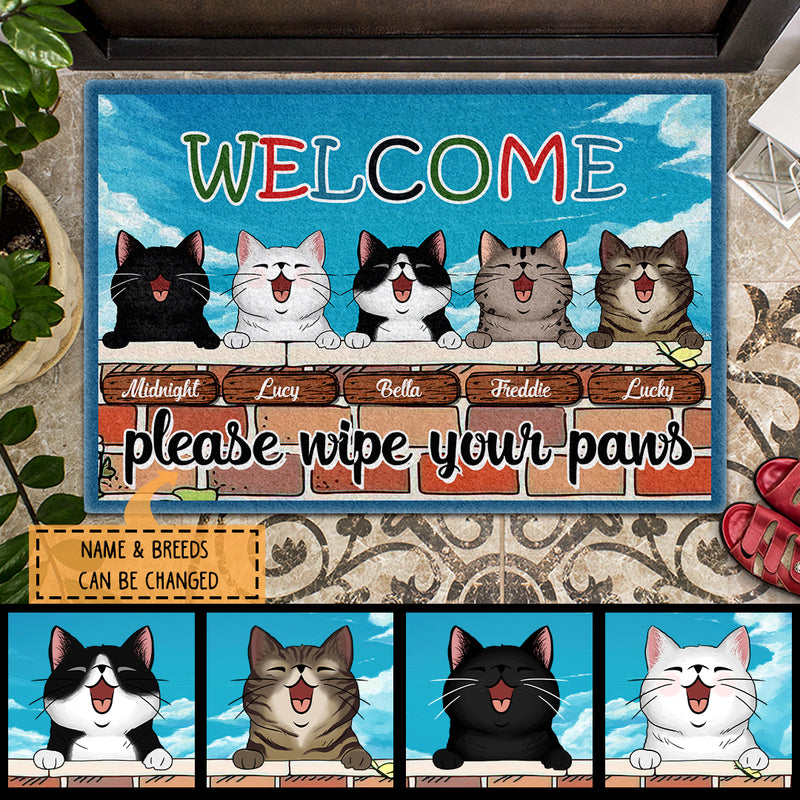 Pawzity Custom Doormat, Gifts For Cat Lovers, Welcome Please Wipe Your Paws Cats On Brick Wall Front Door Mat