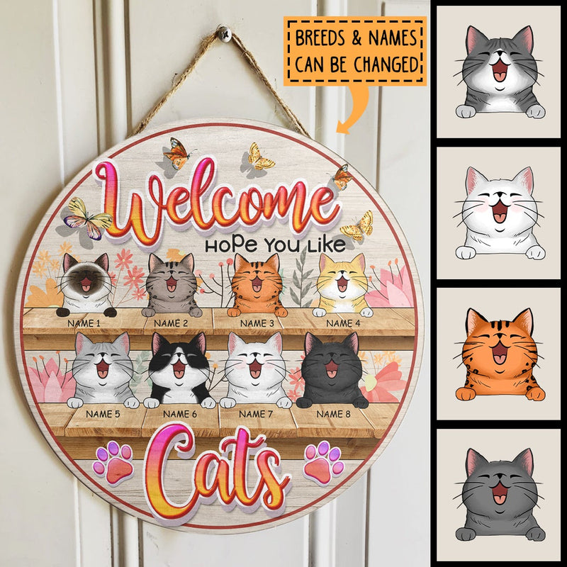 Pawzity Welcome Door Signs, Butterflies and Flowers Decoration Front Door Sign, Hope You Like Cats , Cat Mom Gifts