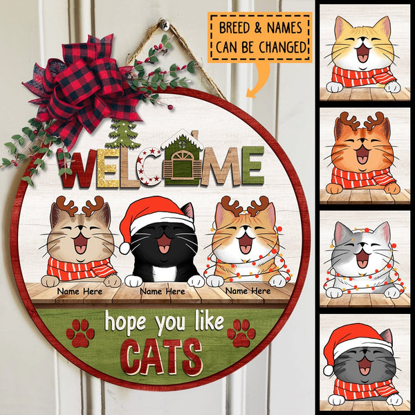 Christmas Door Decorations, Gifts For Cat Lovers, Welcome Hope You Like Cats Green & White Welcome Door Signs , Cat Mom Gifts