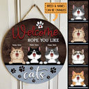 Pawzity Welcome Door Signs, Gray Custom Wooden Signs, Welcome Hope You Like Cats , Cat Mom Gifts