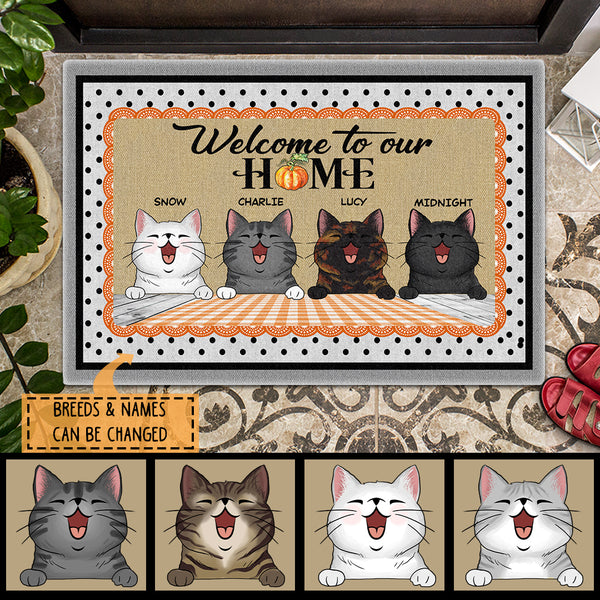 Pawzity Welcome To Our Home Personalized Doormat, Gifts For Cat Lovers, Polka Dots Outdoor Door Mat