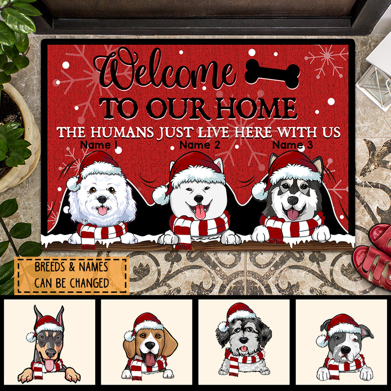 Christmas Welcome To Our Home Front Door Mat, Gifts For Dog Lovers, Dog Peeking From Curtain Custom Doormat