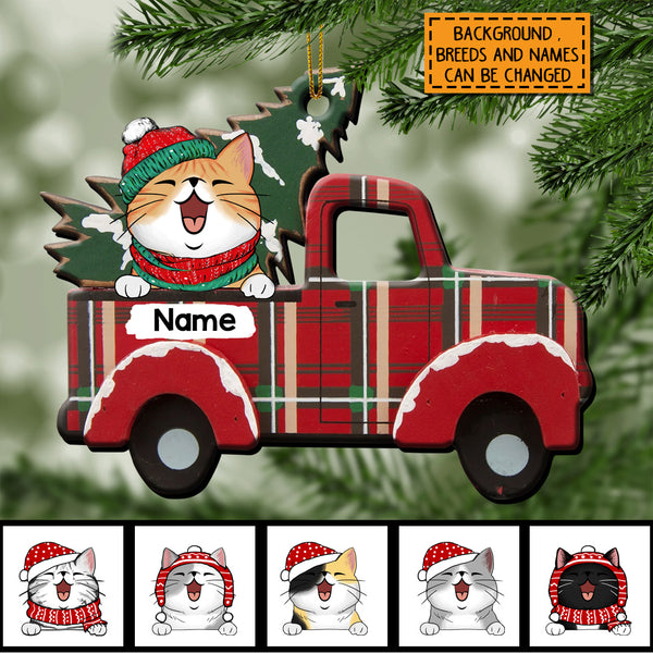 Cute Cat On Red Truck Shaped Wooden Ornament, Personalized Cat Lovers Decorative Christmas Ornament