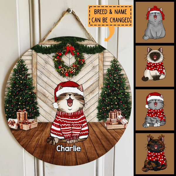 Christmas Door Decorations, Gifts For Cat Lovers, Xmas Cat On Wood Floor, Two Pine Tree With Wreath Welcome Door Signs , Cat Mom Gifts