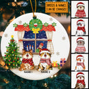 Xmas Cats Front Window At Night Circle Ceramic Ornament - Personalized Cat Lovers Decorative Christmas Ornament