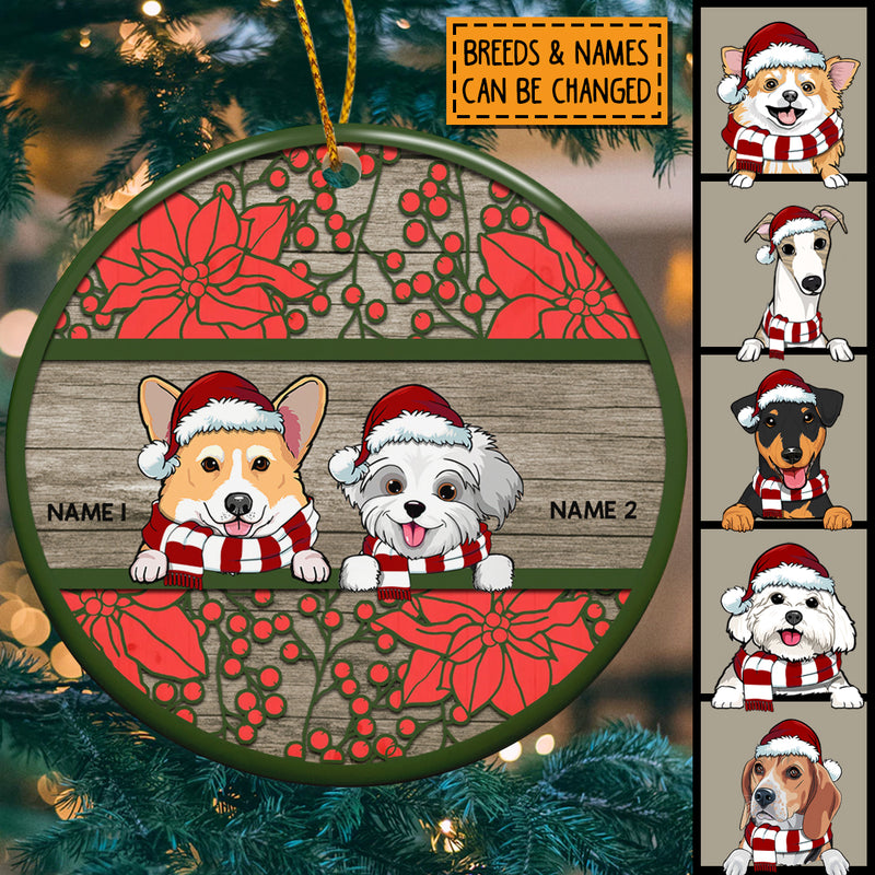 Xmas Dog On Wooden With Poinsettia Circle Ceramic Ornament - Personalized Dog Lovers Decorative Christmas Ornament