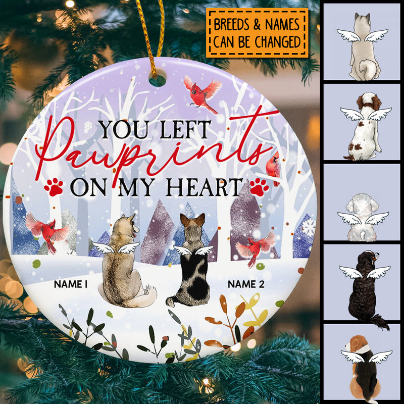 You Left Pawprints On My Heart Circle Ceramic Ornament, Red Cardinal And Winter Forest, Personalized Angel Dog Decorative Christmas Ornament
