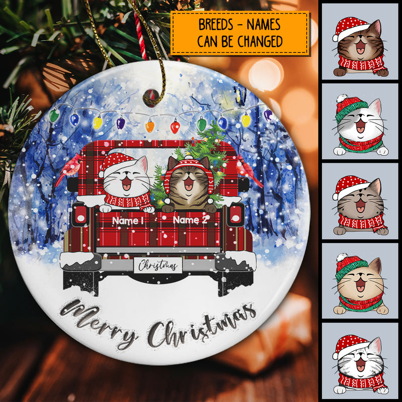 Merry Xmas Red Plaid Truck In Forrest Circle Ceramic Ornament - Personalized Cat Lovers Decorative Christmas Ornament