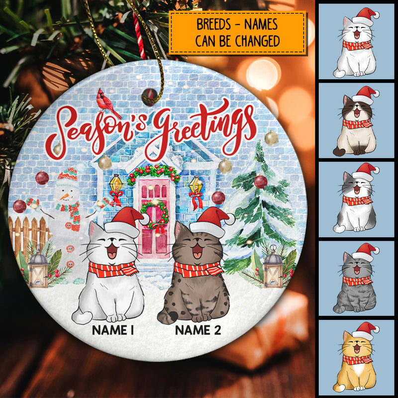 Season's Greeting Blue Bricks House Circle Ceramic Ornament - Personalized Cat Lovers Decorative Christmas Ornament