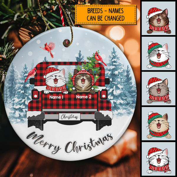 Merry Christmas Red Plaid Truck Blue Circle Ceramic Ornament - Personalized Cat Lovers Decorative Christmas Ornament