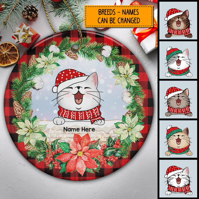 Personalised Red Plaid And Wreath Around Circle Ceramic Ornament - Personalized Cat Lovers Decorative Christmas Ornament