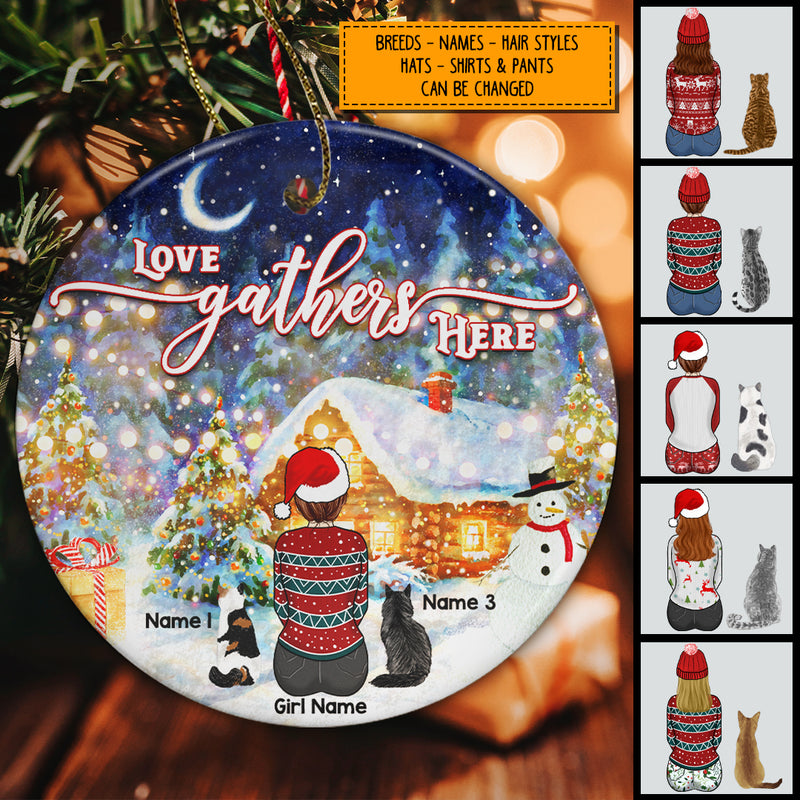 Love Gathers Here Sparke Light Night Circle Ceramic Ornament - Personalized Cat Lovers Decorative Christmas Ornament