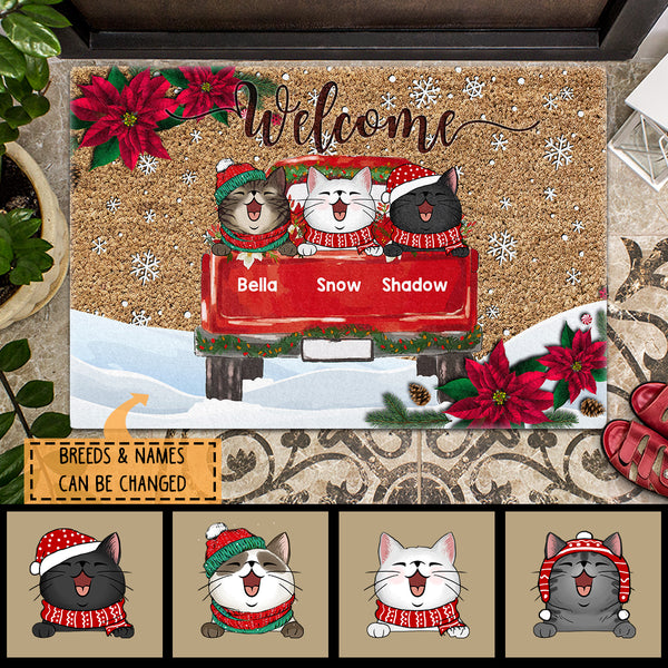 Christmas Personalized Doormat, Gifts For Cat Lovers, Welcome Red Poinsettia Holiday Doormat