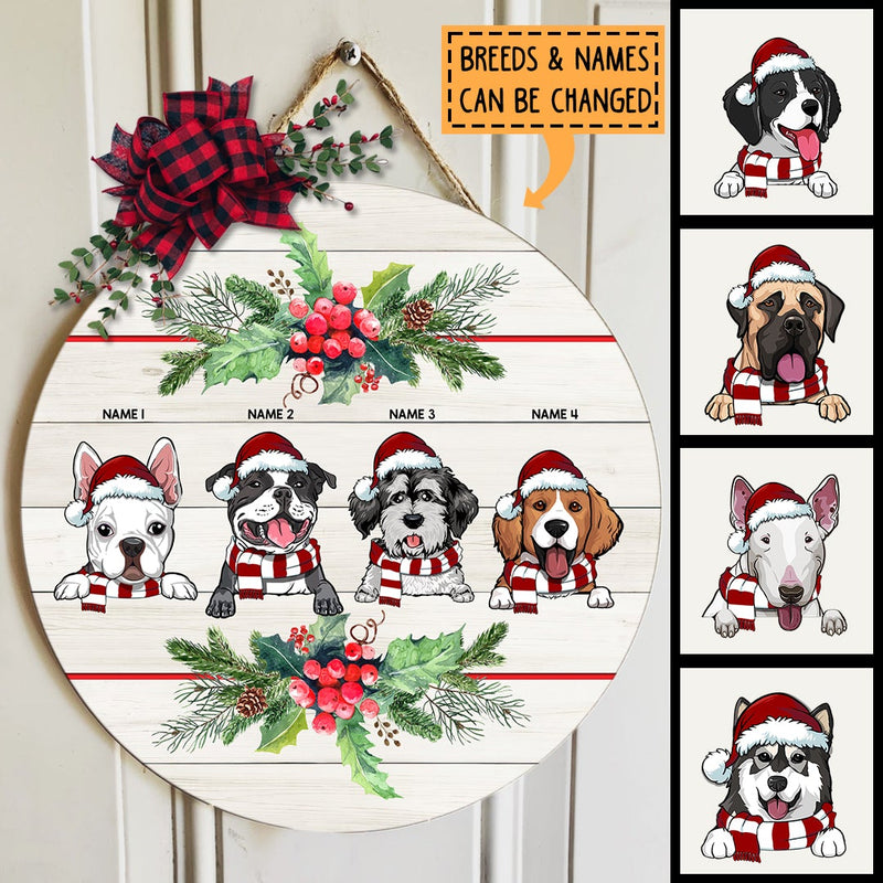 Christmas Door Decorations, Gifts For Dog Lovers, Dogs Wear Santa's Hat And Scarf & Xmas Berries Welcome Door Signs , Dog Mom Gifts