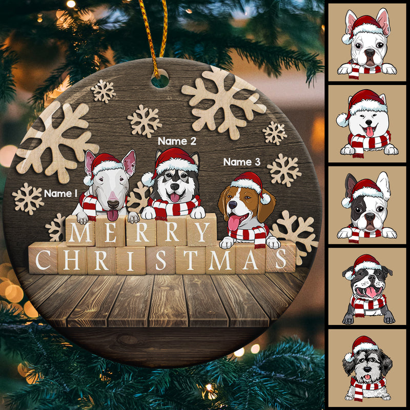 Merry Xmas Letters Print On Box  Wooden Circle Ceramic Ornament - Personalized Dog Lovers Decorative Christmas Ornament