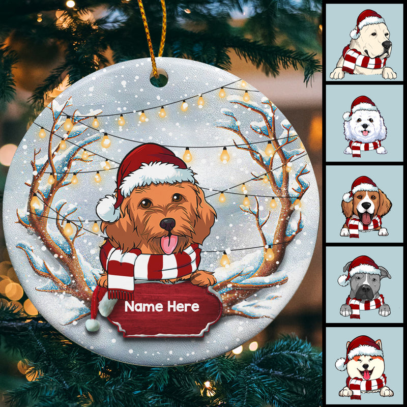 Xmas Dog Snowy String Lights Circle Ceramic Ornament - Personalized Dog Lovers Decorative Christmas Ornament