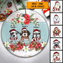 Xmas Dog On Mint Banner White Wooden Circle Ceramic Ornament - Personalized Dog Lovers Decorative Christmas Ornament