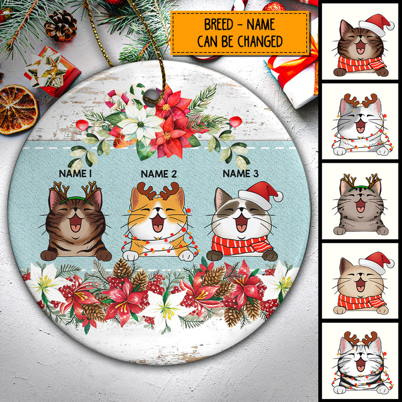 Xmas Cat On Mint Banner White Wooden Circle Ceramic Ornament - Personalized Cat Lovers Decorative Christmas Ornament