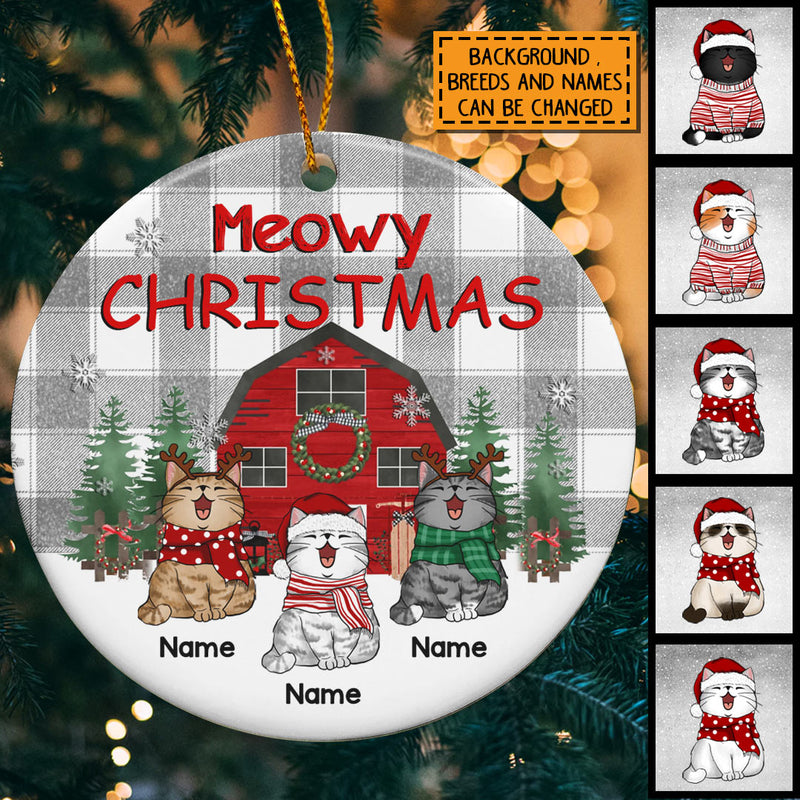 Meowy Christmas Grey And White Plaid Circle Ceramic Ornament - Personalized Cat Lovers Decorative Christmas Ornament