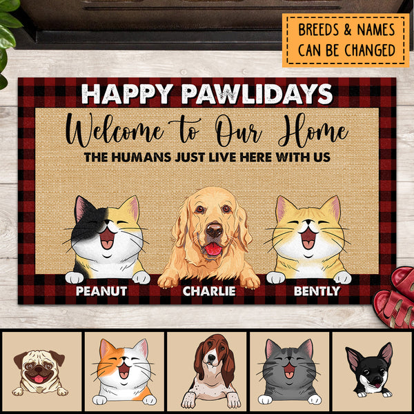 Christmas Welcome To Our Home Personalized Doormat, Gifts For Pet Lovers, Happy Pawlidays Front Door Mat