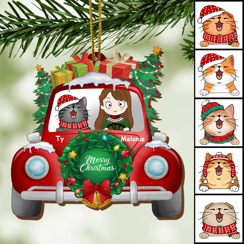 Merry Christmas Cat & Girl In Red Truck Shaped Wooden Ornament - Personalized Cat Lovers Decorative Christmas Ornament