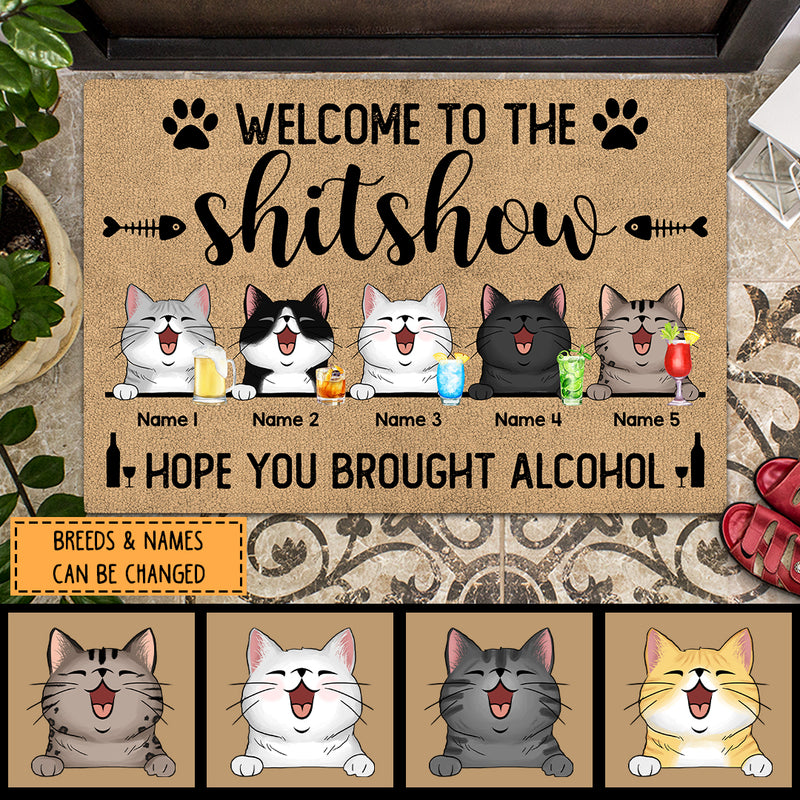 Pawzity Front Door Mat, Gifts For Cat Lovers, Welcome To The Shitshow Hope You Brought Alcohol Personalized Doormat