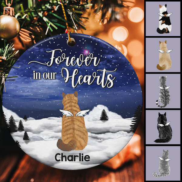 Forever In Our Hearts Stars Sky Night Circle Ceramic Ornament - Personalized Angel Cat Decorative Christmas Ornament