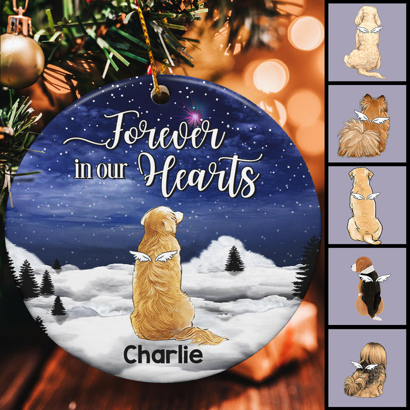Forever In Our Hearts Stars Sky Night Circle Ceramic Ornament - Personalized Angel Dog Decorative Christmas Ornament