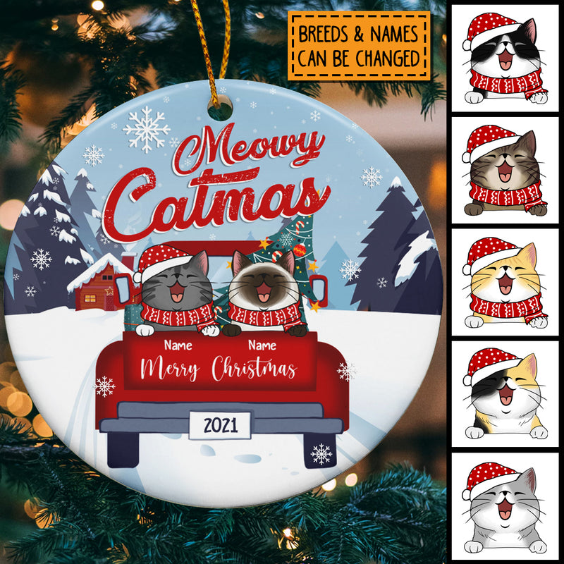 Meowy Catmas Red Truck Blue Tones Circle Ceramic Ornament - Personalized Cat Lovers Decorative Christmas Ornament