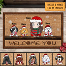 Christmas Front Door Mat, Gifts For Dog Lovers, Welcome You Girl & Her Dogs Personalized Doormat