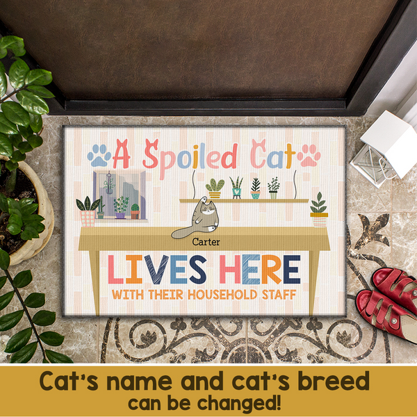 Pawzity Custom Mat, Gifts For Cat Lovers, Spoiled Cat Lives Here Cats On Table Outdoor Door Mat
