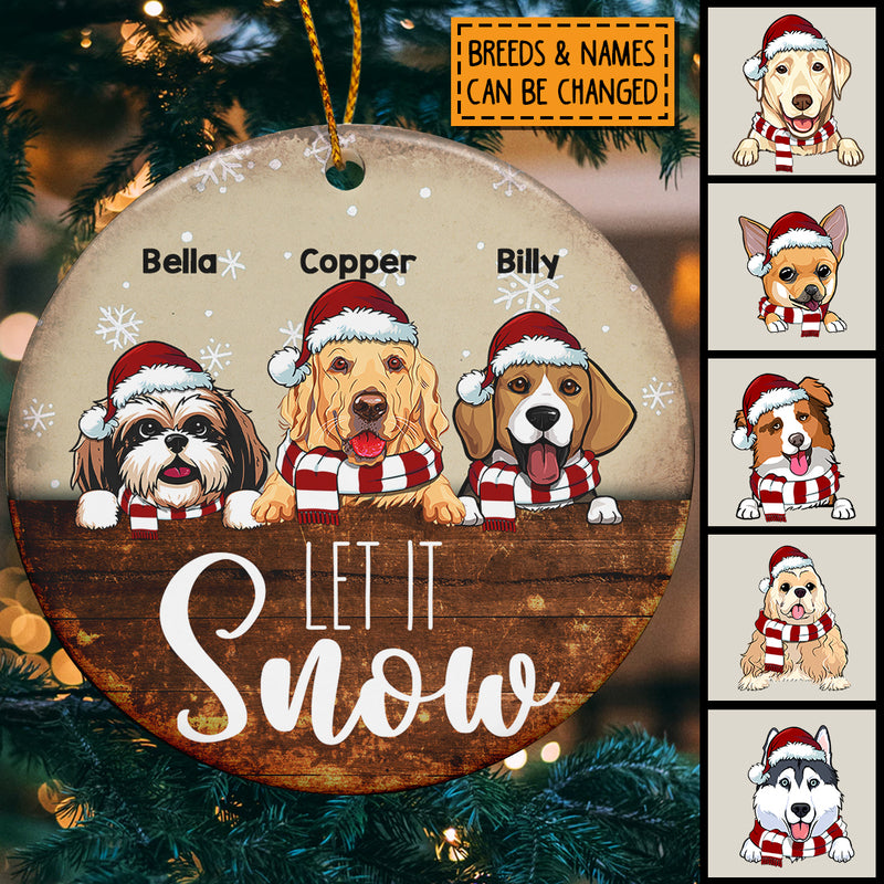 Personalised Let It Snow Brown Wooden Circle Ceramic Ornament - Personalized Dog Lovers Decorative Christmas Ornament