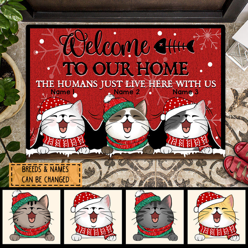 Christmas Welcome To Our Home Front Door Mat, Gifts For Cat Lovers, Cat Peeking From Curtain Custom Doormat