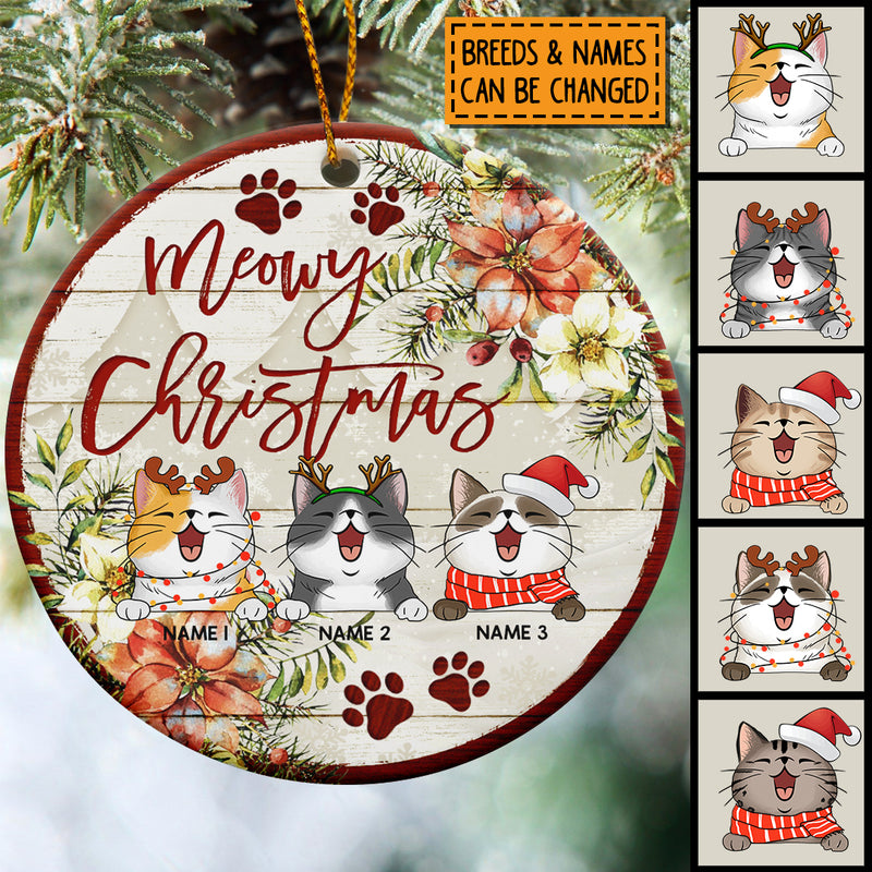 Personalised Meowy Xmas Bright Wooden Circle Ceramic Ornament - Personalized Cat Lovers Decorative Christmas Ornament