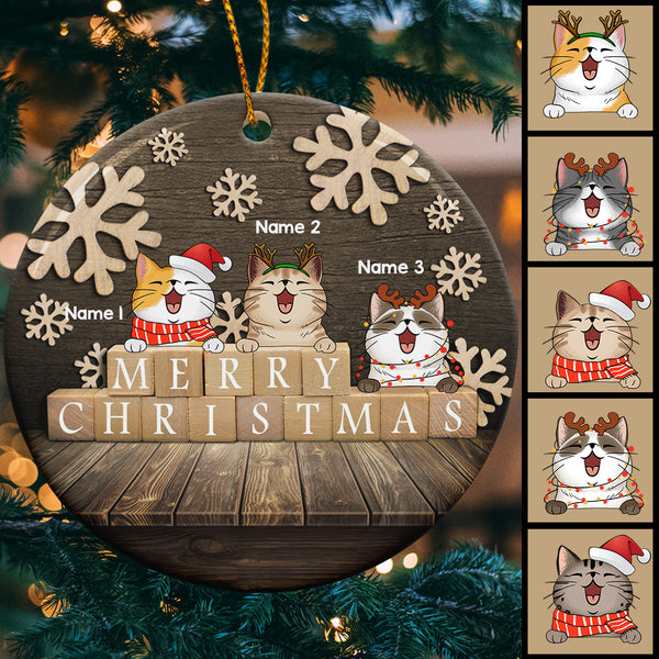 Merry Xmas Letters Print On Box  Wooden Circle Ceramic Ornament - Personalized Cat Lovers Decorative Christmas Ornament