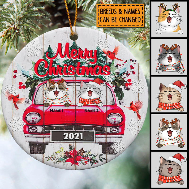 Merry Xmas Red Truck White Wooden Circle Ceramic Ornament - Personalized Cat Lovers Decorative Christmas Ornament