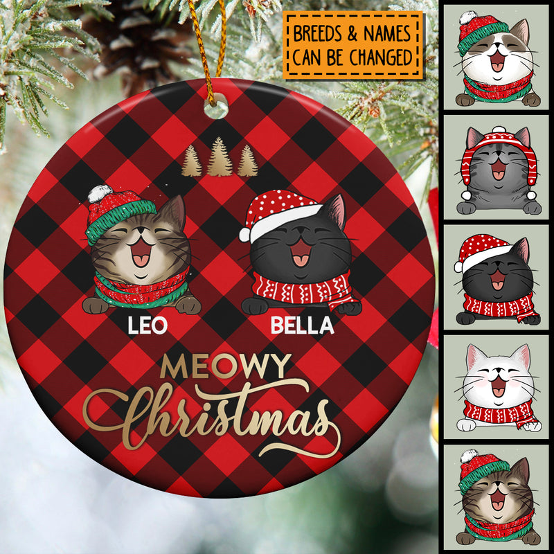 Meowy Christmas Red Plaid Background Circle Ceramic Ornament - Personalized Cat Lovers Decorative Christmas Ornament