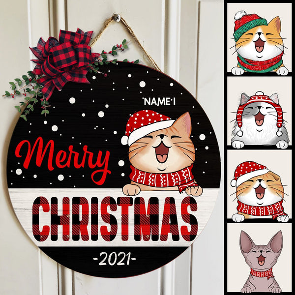 Christmas Door Decorations, Gifts For Cat Lovers, Merry Christmas White Dots On Black Background Welcome Door Signs , Cat Mom Gifts