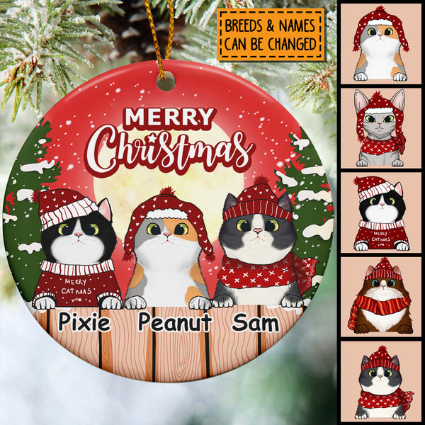 Merry Christmas Circle Ceramic Ornament, The Yellow Moon And Red Sky, Personalized Cat Lovers Decorative Christmas Ornament