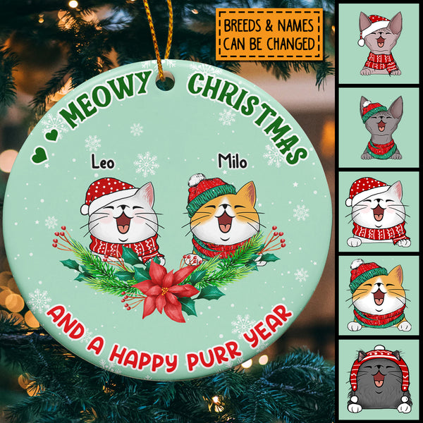 Meowy Christmas And Happy Purr Year, Mint Color Background, Personalized Cat Lovers Decorative Christmas Ornament