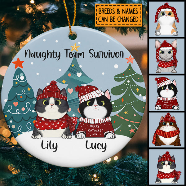 Naughty Team Survivor Circle Ceramic Ornament, Cute Pine Trees With Christmas Cats, Personalized Cat Lovers Decorative Christmas Ornament